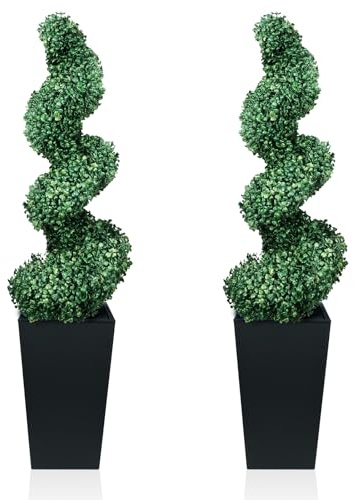MixcMax Artificial Boxwood Spiral Topiary Trees Indoor Outdoor 2 Pack 4ft | Tall Black Planter, UV Resistant Evergreen, Realistic Artificial Plants for Front Door Garden Display, Home Decor