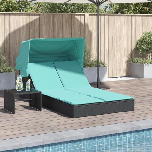 sephironlbb Doppelte Sonnenliege Gartenliege mit Sonnendach und Kissen, verstellbar, wetterfestes schwarzes Polyrattan, ergonomisch mit Armlehne, ideal für Terrasse, Balkon und Outdoor Relaxliege