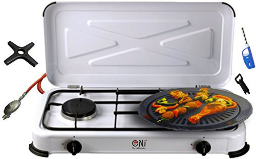 Réchaud de camping 2 ampoules Réchaud à gaz barbecue à gaz 3,4 kW gaz plaque de cuisson avec couvercle + Plaque de grill + Phönix Cuisinière à gaz Croix + Tuyau régulateur de gaz de