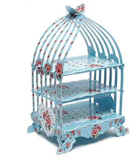 Trimming Shop Vintage Style Birdcage Theme Foldable Cardboard 3-Tier Cupcake Stand Table & Party Décor For Weddings, High-Tea, Birthday, Anniversary Parties, Blue