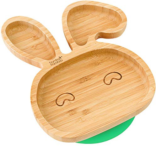 bamboo bamboo Baby Teller Kinderteller, Kindergeschirr mit Saugnapf, Sugnapf Teller Baby ab 6 Monaten (Hase, Grün)