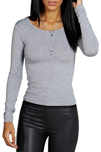Womens Long Sleeve Stretch Plain Round Scoop Neck T Shirt Top Ladies Fitted Tee (Grey, 12-14)