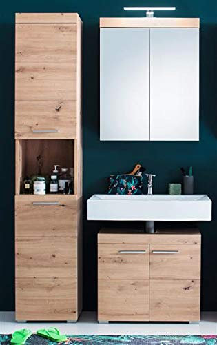 Badezimmer-Kombination in Asteiche Dekor Amanda 3-teiliges Set Hochschrank, Spiegelschrank und Waschbeckenunterschrank