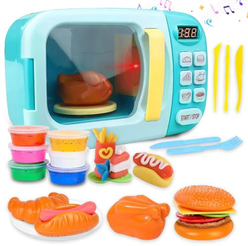 Kingsport Kids Microwave Oven Kitchen Play House Toy With Led Lights & 6 Colors Clay Burger, Sausages, Fries Appliance Toy For Boys Girls Pretend Food Play Maker Kitchen Playset For Children 3+ Above