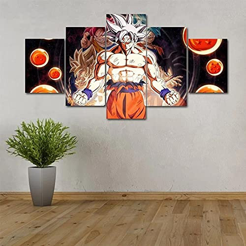 Wondbeau Impression sur Toile Cinq Tableaux Consécutifs Décoration De Maison Moderne Peinture 5 Panneaux Abstraits Modulaire Poster avec Cadre S/75cm×40cm Dragon Ball Anime,Super Saiyan