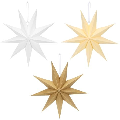 3 Stück Faltstern Weihnachten, 30cm Braun Papiersterne zum Aufhängen, 9 zackig Beige Papier Faltsterne, Weiß Papiersterne Dekoration für Weihnachts Advent Hochzeit Geburtstag Fenster Neujahr Tischdeko