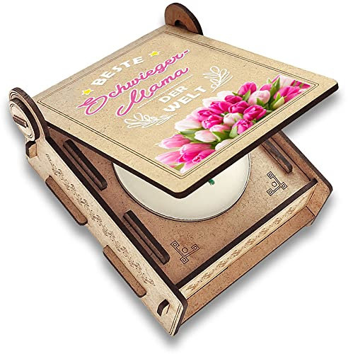Candle IN THE BOX beste Schwiegermama, Muttertag, Kerze mit Spruch, Schwiegermutter Geschenkidee zum Geburtstag, Deko Geschenk Frauen, Kerzenhalter