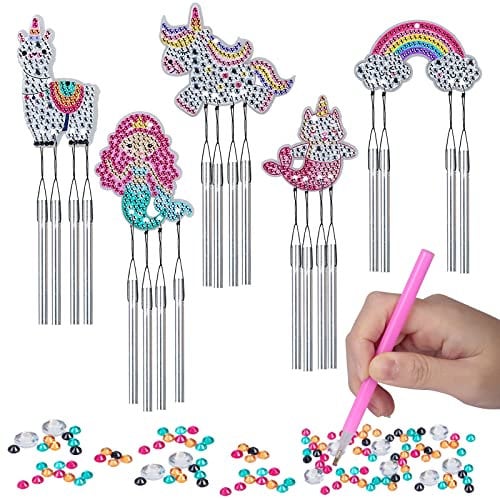 WEDNOK 5 Stück Windspiel Bastelset Kinder Diamond Painting Einhorn Windspiele Basteln mit Meerjungfrau Regenbogen Alpaka Diamant Dotz für DIY Handarbeit Kindergeburtstag Geschenke
