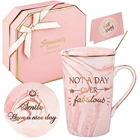 Not A Day Over Fabulous Mug,Birthday Gifts for Women,Ceramic Marble Coffee Mug Funny Pink Gift Set Ideas for Her Wife Mom Daughter Sister Aunt Friends Coworker,Mothers Day Gifts 14 oz (Pink)
