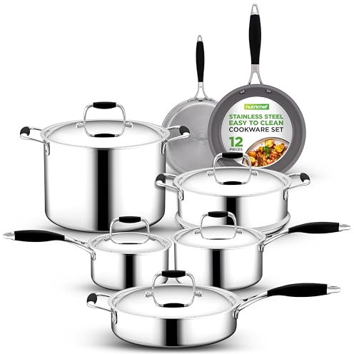 Kitchenware Pots & Pans Set - 12-Piece Set Clad Kitchen Cookware w/Silicone Grip Handles, Fry Pan Interior Coated w/Prestige Ceramic Non-Stick Coating, Stylish Kitchen Cookware