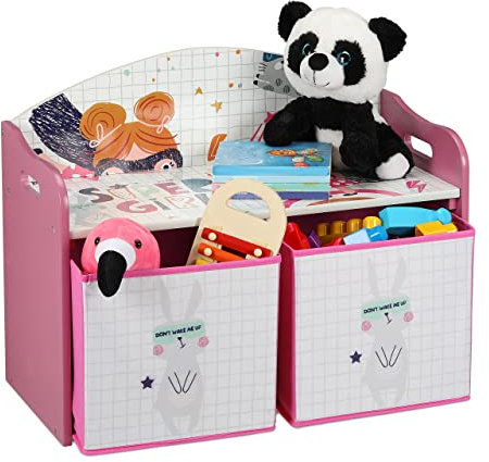 Relaxdays Kinderregal mit 2 Boxen, Heldin-Motiv, Kinderzimmerkommode, HBT: 49x62,5x30 cm, niedriges Spielzeugregal, bunt