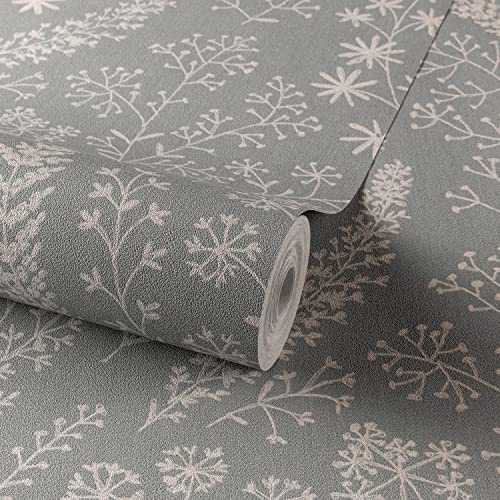 Grandeco Astrid Embroidery Stitch Foliage Trail Wallpaper, Grey