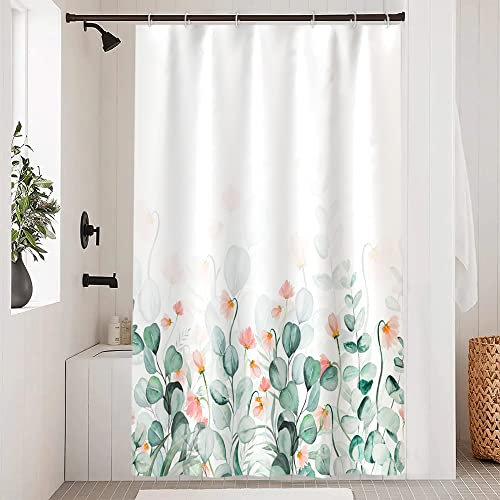 Uiiooazy Duschvorhang 120x200cm, Duschvorhang Anti Schimmel Grüne Blätter Eukalyptus Rosa Blumen Aquarell Duschvorhänge Wasserdicht Polyester Stoff Waschbar Bad Vorhang mit 8 Haken für Badezimmer