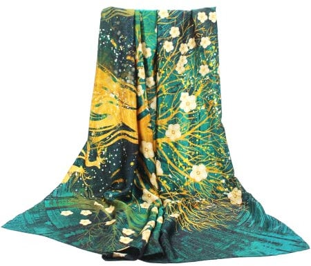 ANDANTINO Schal aus 100% reiner Maulbeerseide, 110 cm, groß, quadratisch, leicht, Kopftuch und Schal, für Damen, mit Geschenkverpackung, Gold und Grün, 42