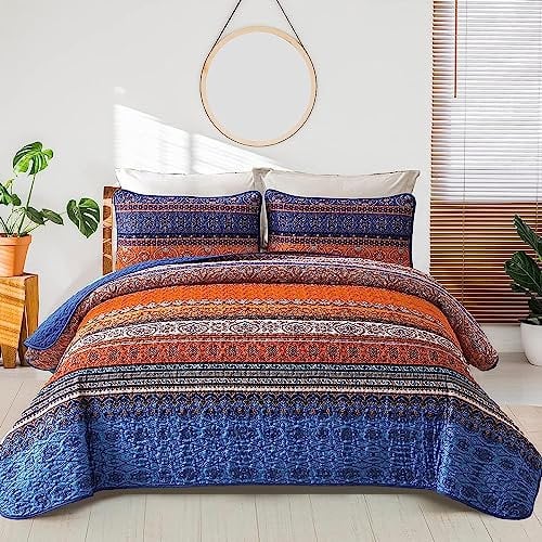 Colcha bohemia tamaño King, 3 piezas, colcha acolchada a rayas, edredón suave de microfibra con fundas de pollowcases (240 x 260 cm, naranja, azul)