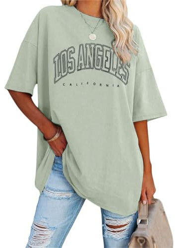 Tomwell Damen Los Angeles Brief T-Shirt Kurzarm Sport Sommer Rundhals Oversize Oberteile mit Buchstaben Druck Lose Bluse Vintage Tunika Lang für Teen Girls Top C Hellgrün XXL