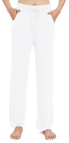 EXCHIC Damen Freizeit Elastische Gerades Bein Hose Lounge Mittel Taille Weite Yoga Hosen mit Taschen(XL, Weiß)
