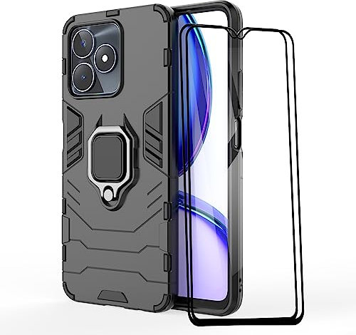ESTH® Funda para Realme C53 4G con 2 Piezas Protector de Pantalla, Giratorio Soporte de 360°, Compatible con Soporte Magnético para Coche, Carcasa Negro