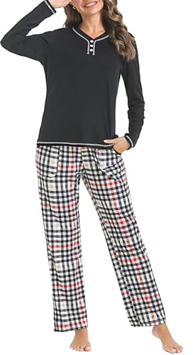 Uniexcosm Ensemble de Pyjama Femme Manches Longues à Carreaux | Deux matières selon le modèle : coton extensible ou coton mélangé, avec haut manches longues et pantalon à carreaux