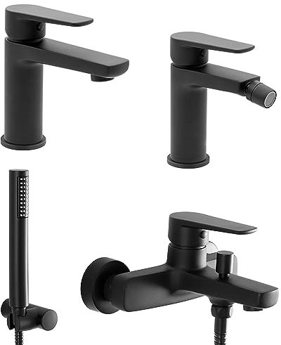 Set miscelatori lavabo bidet e vasca con kit doccia nero opaco in ottone, piletta di scarico e kit con laccio supporto e doccetta, serie ERIKA