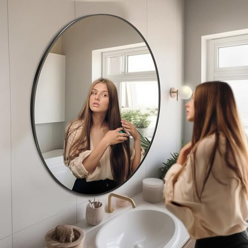 Ceramat Spiegel Rund Schwarz 100 cm Ø mit Rahmen, Runder Spiegel mit Metallrahmen und Aufhängung, Badezimmer Spiegel, Dekorative Wandspiegel rund für Bad, Wohnzimmer, Schlafzimmer