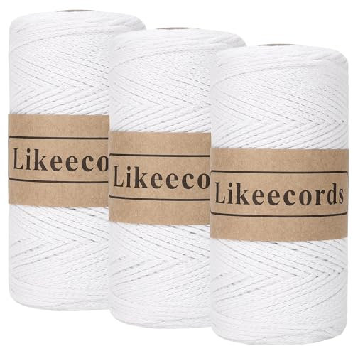Likeecords 3 Rollen Wolle für Taschen häkeln 2mm x 170m,garn zum häkeln,makramee garn,baumwollgarn zum häkeln,100% Baumwolle Schlauchgarn for Knitting,Crochet, Weaving Gift （Reines Weiß）