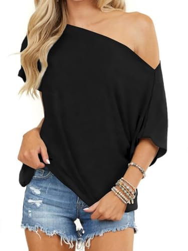 Eniloyal Damen Oberteile Schulterfrei Elegant Oversize T-Shirt mit Fledermausärme Locker