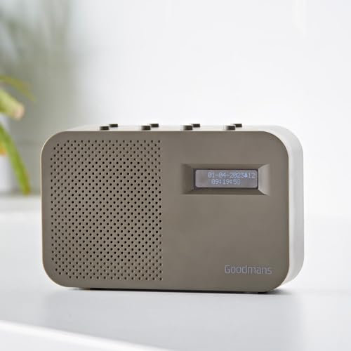 Compact DAB Digital Radio - Grey - 40 Preset Stations - Dual Alarm Clock - LCD Display - 3.5mm Headphone Socket - Battery Operated Digital Radio - Hours Playback - Portable Radios
