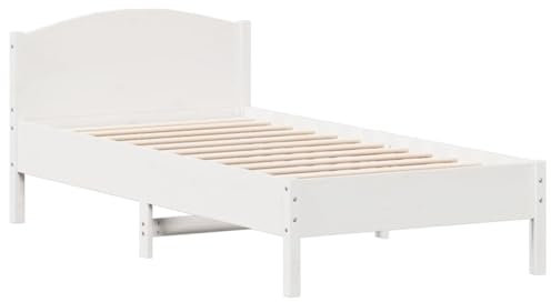 vidaXL Solid Pine Wood Bed Frame w/Headboard - White, for Small Single Mattress 75x190 cm, Modern Plywood Support Slats