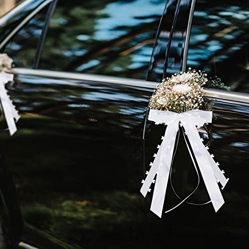 Lnjya 50 Stück Autoschleifen Hochzeit, Autoschleifen Antennenschleifen, Weiß Mit Herzen Schleifen Hochzeit Auto Deko, Vintage Autoschleifen Handgemacht Satinband für Hochzeit Party Geburtstag