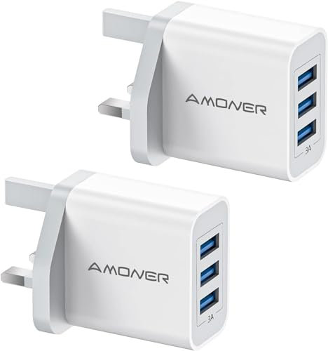 Amoner 15W USB Charger Plug 5V/2.4A 2Pack Triple Port UK Mains Fast Charger, Power Charging Adapter for iPhone 14/13/SE/12/11/XS/XR/X/8/7/6, Galaxy S23/S22/S21/S10/S9, Fold Z/Flip, Xiaomi