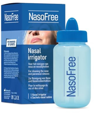 NasoFree Kit de inicio de enjuague nasal para enjuague sinusal, riego nasal y alivio de alergias, adecuado para adultos y niños supervisados (botella de licor + 4 sobres de solución salina)