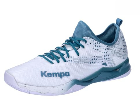 Kempa Chaussures de Handball pour Enfants et Adultes Wing Lite 2.0 Blanc Bleu - Respirantes et antidérapantes avec Semelle spéciale Michelin