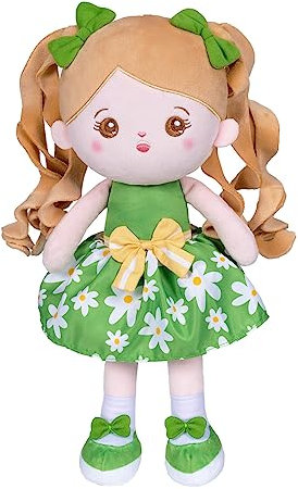OUOZZZ Baby Puppe, Weiche Stoffpuppe Mädchen mit Pferdeschwanz, Stoffpuppen Kuschelpuppe für Kinder ab 3 Monaten - Baby Geschenk zur Geburt Mädchen Jungen, 38cm