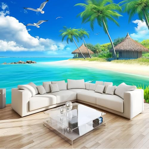 Fototapete 3D Effekt Palmen Strand Meer Meereslandschaft Natur 300x210 cm Vliestapete Wohnzimmer Schlafzimmer Vlies Tapete Art Wandtapete UV-Beständig Wanddekoration Tapete