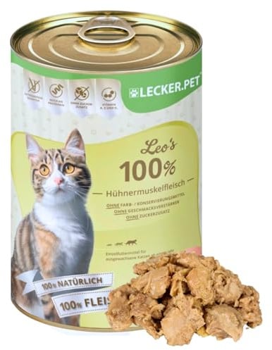 Lecker.Pet® | 24 x 400 g Leo's 100% Hühnermuskelfleisch Katzen Nassfutter | Hochwertiges Katzenfutter aus Huhn | Getreidefrei & ohne Zuckerzusatz | Natürlich & ohne Zusatzstoffe | Reich an Proteinen