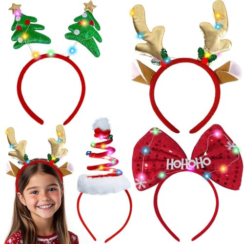 TaimeiMao 4 Stück Weihnachts Haarreif, Glitzer Weihnachten Haarreif, Weihnachtsstirnbänder, Weihnachtsschmuck, Weihnachtsbaum Santa Hut Rentier Geweih Schneemann haarreif, für Kinder und Erwachsene