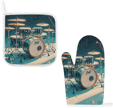 Cool Drums Set Ofenhandschuhe und Topflappen Isolierte Handschuhe Hot Pads Hitzebeständige Ofenhandschuhe Topflappen für Küche Kochen Backen Grillen (2-teiliges Set)
