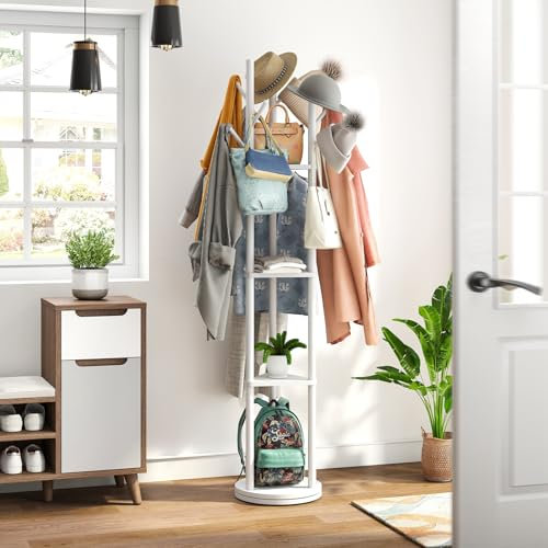 kiplant Drehbarer Garderobenständer mit 8 Haken, Bambusholz Garderobenbaum für Kleidung/Taschen/Hüte, große Garderobenleiste freistehend für Eingangsbereich (Weiß)