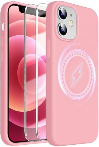 Dssairo Magnetische für iPhone 12/12 Pro Hülle, mit 2 x Displayschutzfolien, Verbessertes Flüssigsilikon, Verbesserter Kameraschutz, Militärische Qualität, Sturzsicher, Dünn 6,1 Zoll (Pink)