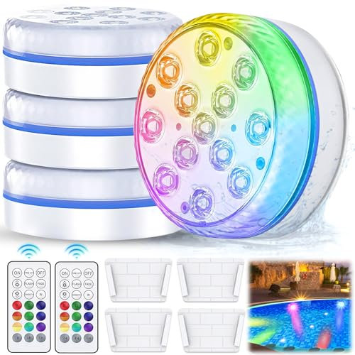 BARAKYEG Lumiere piscine,4 Pcs LED Piscine Sous l'eau,16 RGB LED Eclairage Piscine,Télécommande Lampes IP68 Etanche lumière piscine,lampe piscine pour Aquarium Baignoire piscine hors sol Jardin
