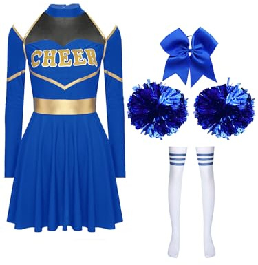 TiaoBug Damen Cheerlead Kostüm Langarm Neckholder Tanzkleid mit Goldene Cheer Buchstaben Kleid mit Pompoms Sport Knistrümpfe Haargummi Bühne Outfits