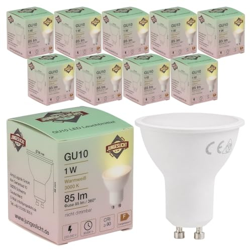JungesLicht 10er Pack GU10 LED Leuchtmittel, 1W 85Lumen, 120° Strahlwinkel - gleichmäßige Beleuchtung, sofort hell, Birne, Spot, Strahler, Energiesparlampe, für innen & außen (Warmweiß 3000K)