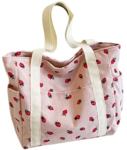 Muteitt Sac fourre-Tout en Velours côtelé, Joli Sac fourre-Tout à Fraises pour Femme, Sac à bandoulière, Sacs à Main pour Le Travail, la Plage, Les Voyages et Les Courses