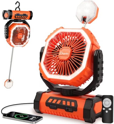 Camping Ventilador 20000mAh, Ventilador USB Recargable Portátil Escritorio con Luz LED, Control Remoto y Gancho para Hogar, Ufficio, Tienda, Exterior Viajes, Spiaggia, Picnic, Pesca, Naranja
