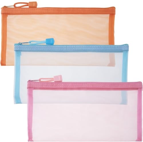 BEIQIYA 3pcs Mini Mesh Makeup Bags, Small Zipper Mesh Makeup Bags, Portable Cosmetic Pouch for Woman Purse Lipstick Keys Essentials Items Earphone Bank Cards - Orange & Pink & Blue