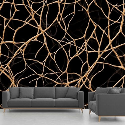 Papier Peint Stripes, Papier Peint Autocollant Moderne Doré Noir, Papier Peint Panoramique Adhésif Intissé pour Salon Chambre Bureau 400x280 cm