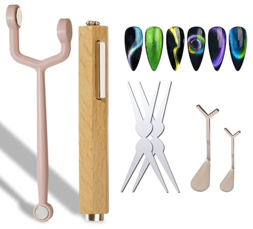 Dr.nail Cat Eye Magnet for Nails, 3 in 1 Nail Magnet with Wooden Handle, Multifunctional, Y Shape, Double Head, Magnetic Gel Nail Polish, Art Design Tools, 2 Pieces Instructions for