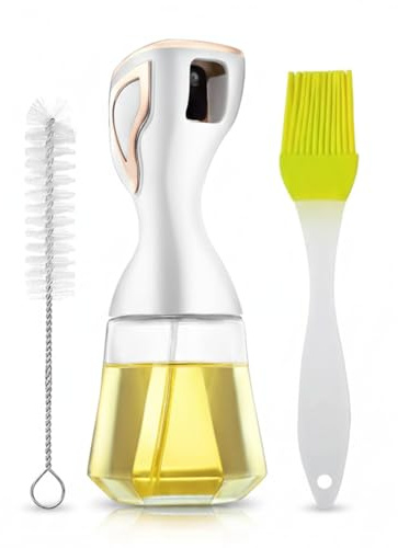 BuyDelux Continuous Mist Oil Sprayer 150ml with 2 Free Brushes for Cooking, Hair, Cleaning – Glass Olive Oil Dispenser, Refillable Mister for Air Fryer, Salad, BBQ (White Gold)
