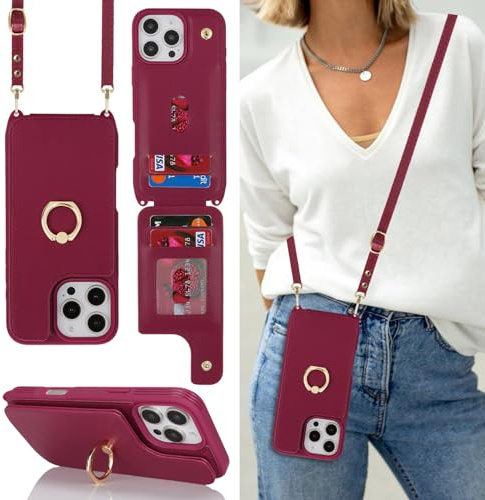 Cavor Phone Case Compatible with iPhone 16 Pro Max Case With Card Holder With Strap,Flip Leather Wallet Case with Lanyard,Ring Kickstand Shockproof Cover Case for iPhone 16 Pro Max - Rose Red
